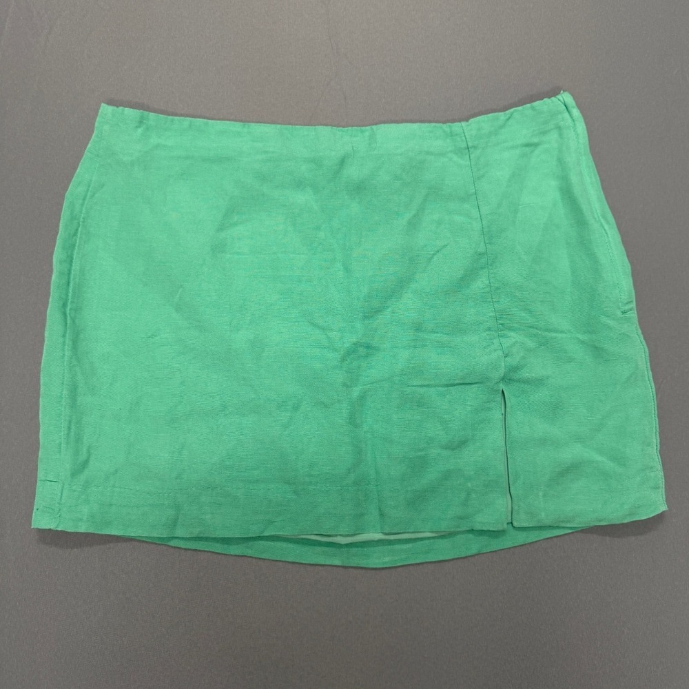 H&M Women's Green Linen Blend Mini‎ Skirt Side Slit Size 14